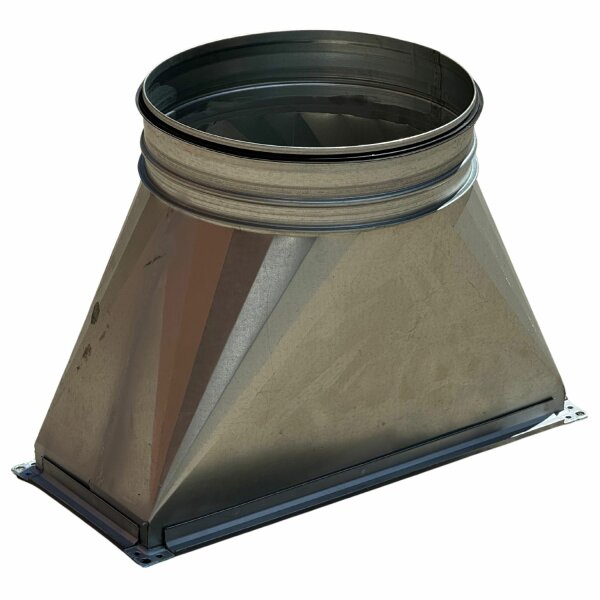 Übergang Kanal/Rohr 500×500×350 Ø315¶Kanalmass: 500mm×500mm¶Höhe: 350mm¶Rohranschluss: Ø 315mm