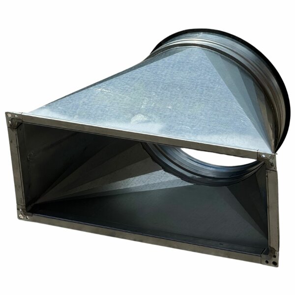 Übergang Kanal/Rohr 500×500×350 Ø450¶Kanalmass: 500mm×500mm¶Höhe: 350mm¶Rohranschluss: Ø 450mm
